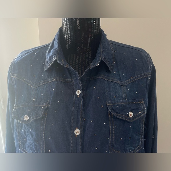 Vintage EVIDENCE Dark Denim Blue Bling Shirt Size XL - Picture 2 of 12